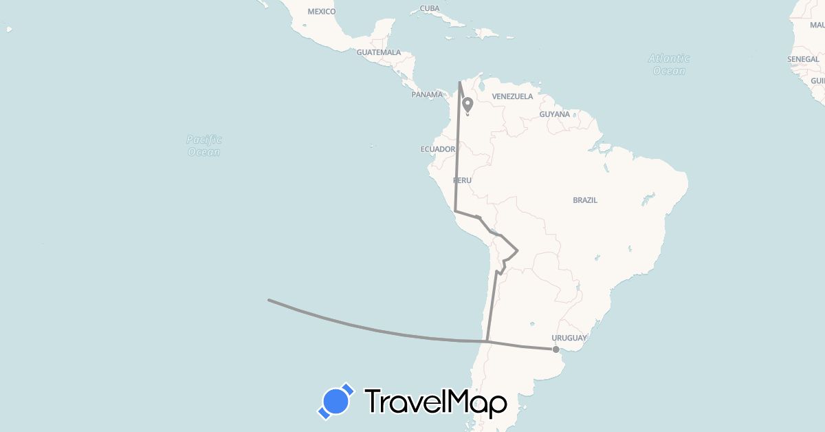 TravelMap itinerary: driving, plane in Argentina, Bolivia, Chile, Colombia, Peru (South America)